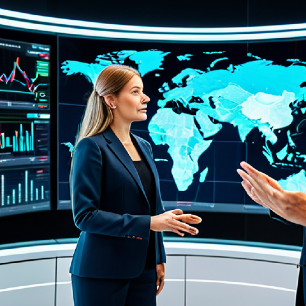 A diverse group of adult professionals, including men and women, in modern, modest business suits, collaborating in a sophisticated, high-tech control room. The background features holographic global maps displaying intricate supply chain routes, real-time data analytics dashboards, and digital interfaces related to AI and blockchain technology. The scene emphasizes global connectivity and digital transformation in international trade. The subjects are fully clothed, in professional dress, engaged in a natural pose, with perfect anatomy, correct proportions, well-formed hands, proper finger count, and natural body proportions. The image is safe for work, appropriate content, and family-friendly, rendered with high-quality professional photography.