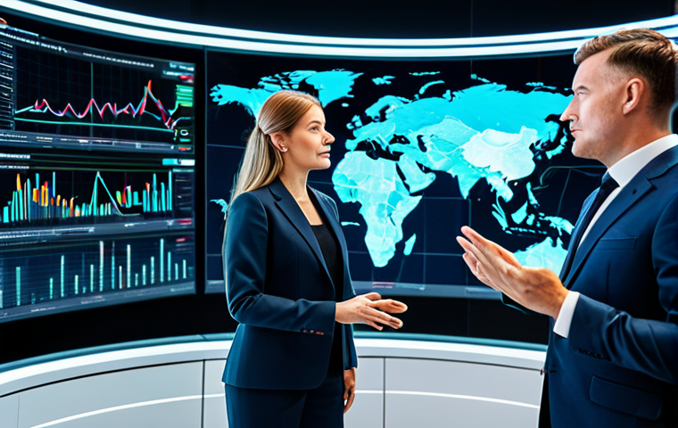 A diverse group of adult professionals, including men and women, in modern, modest business suits, collaborating in a sophisticated, high-tech control room. The background features holographic global maps displaying intricate supply chain routes, real-time data analytics dashboards, and digital interfaces related to AI and blockchain technology. The scene emphasizes global connectivity and digital transformation in international trade. The subjects are fully clothed, in professional dress, engaged in a natural pose, with perfect anatomy, correct proportions, well-formed hands, proper finger count, and natural body proportions. The image is safe for work, appropriate content, and family-friendly, rendered with high-quality professional photography.