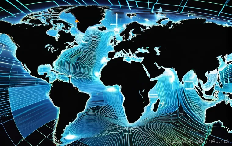 국제무역업계전망 - **Resilient Global Trade Networks**
An intricate, dynamic global map rendered with glowing lines...