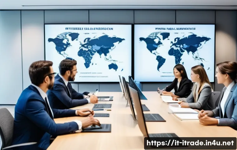 무역전문가경력개발 - **Prompt:** "A diverse group of international trade professionals, impeccably dressed in modern busi...