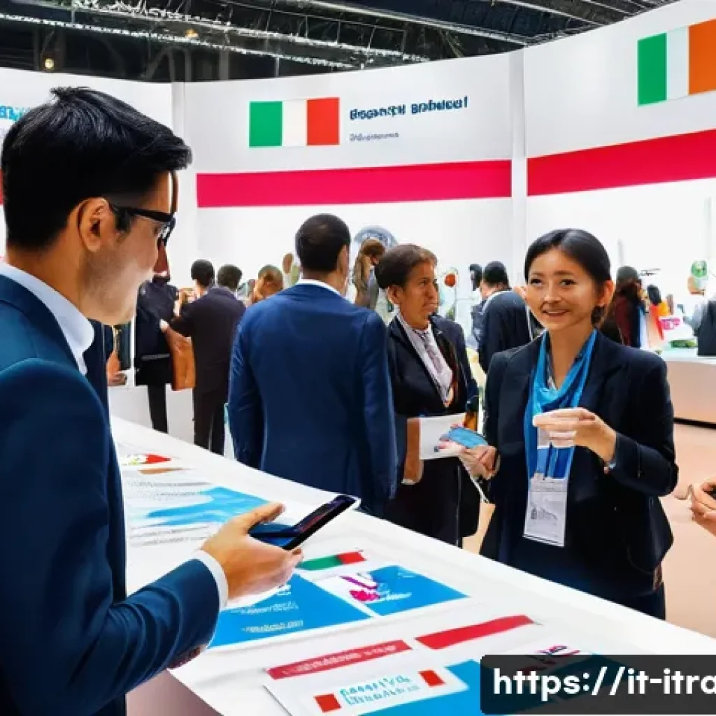 국제무역학습법 - A busy international trade fair scene in Milan, Italy, featuring diverse professionals in business a...