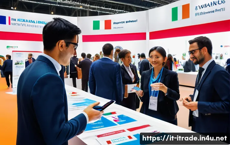 국제무역학습법 - A busy international trade fair scene in Milan, Italy, featuring diverse professionals in business a...