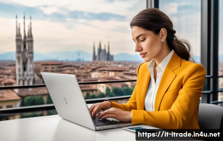 무역전문가연봉 - A professional Italian businesswoman in a modern Milan office, dressed in elegant business attire wi...