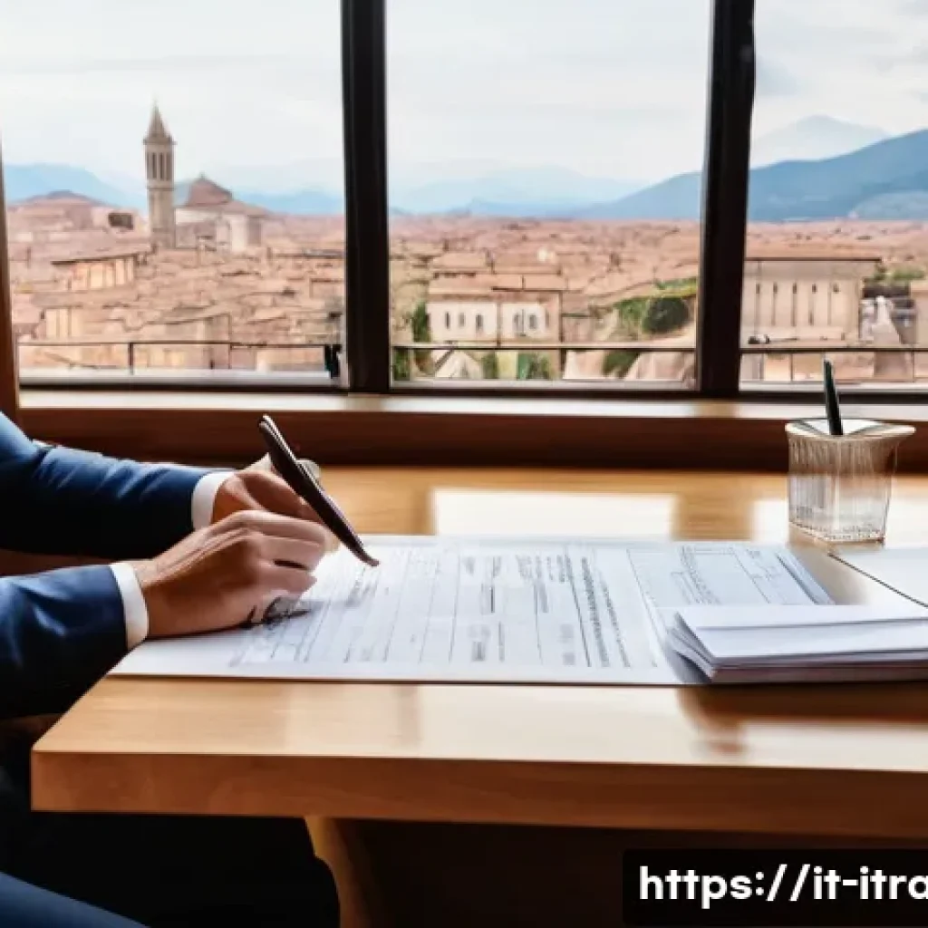 무역실무강의 - A detailed office scene showing an Italian international trade professional meticulously reviewing c...