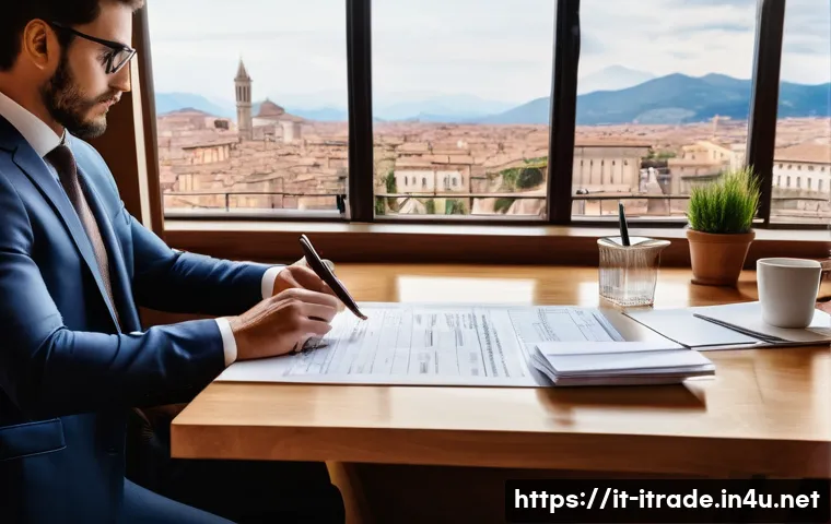무역실무강의 - A detailed office scene showing an Italian international trade professional meticulously reviewing c...