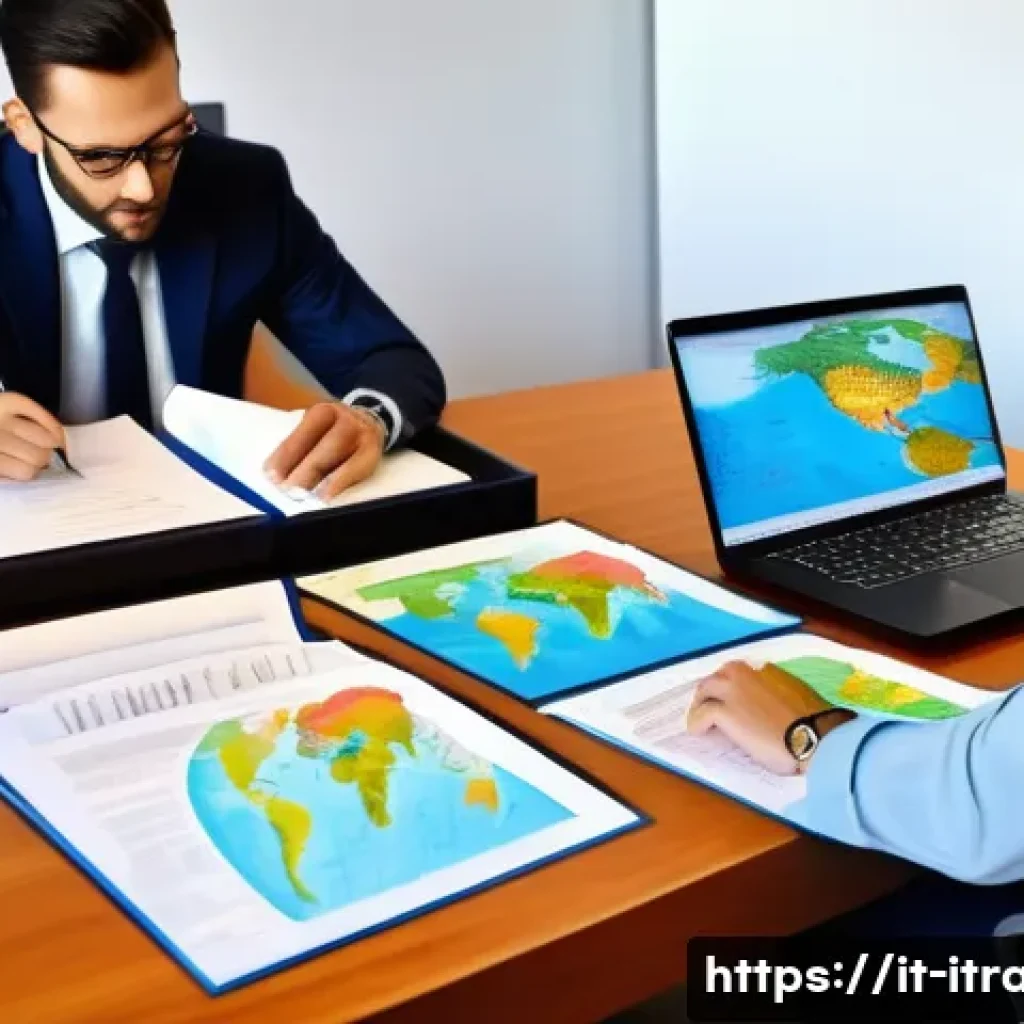 무역분야실무교육 - A detailed, professional office scene showing an Italian international trade specialist carefully re...