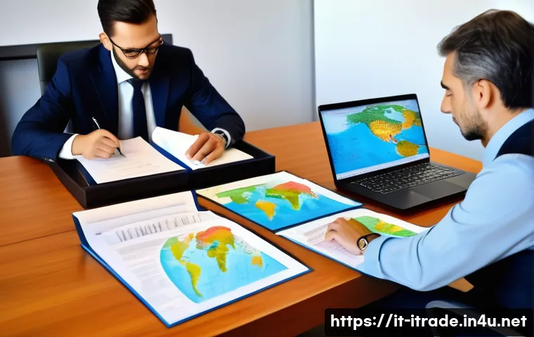 무역분야실무교육 - A detailed, professional office scene showing an Italian international trade specialist carefully re...