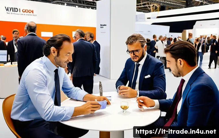 국제무역전문성향상 - A bustling international trade fair scene set in Milan’s Salone del Mobile, featuring diverse busine...