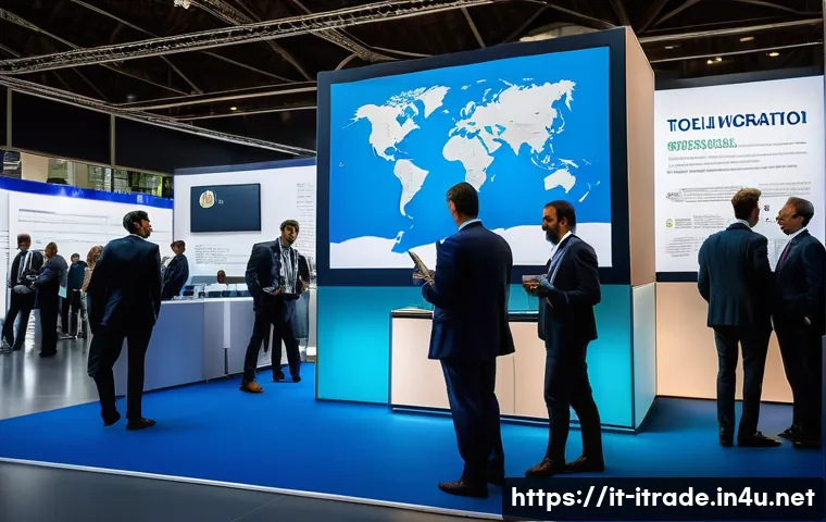 국제무역분야경력개발 - A professional international trade conference scene in Milan, Italy, featuring diverse businesspeopl...
