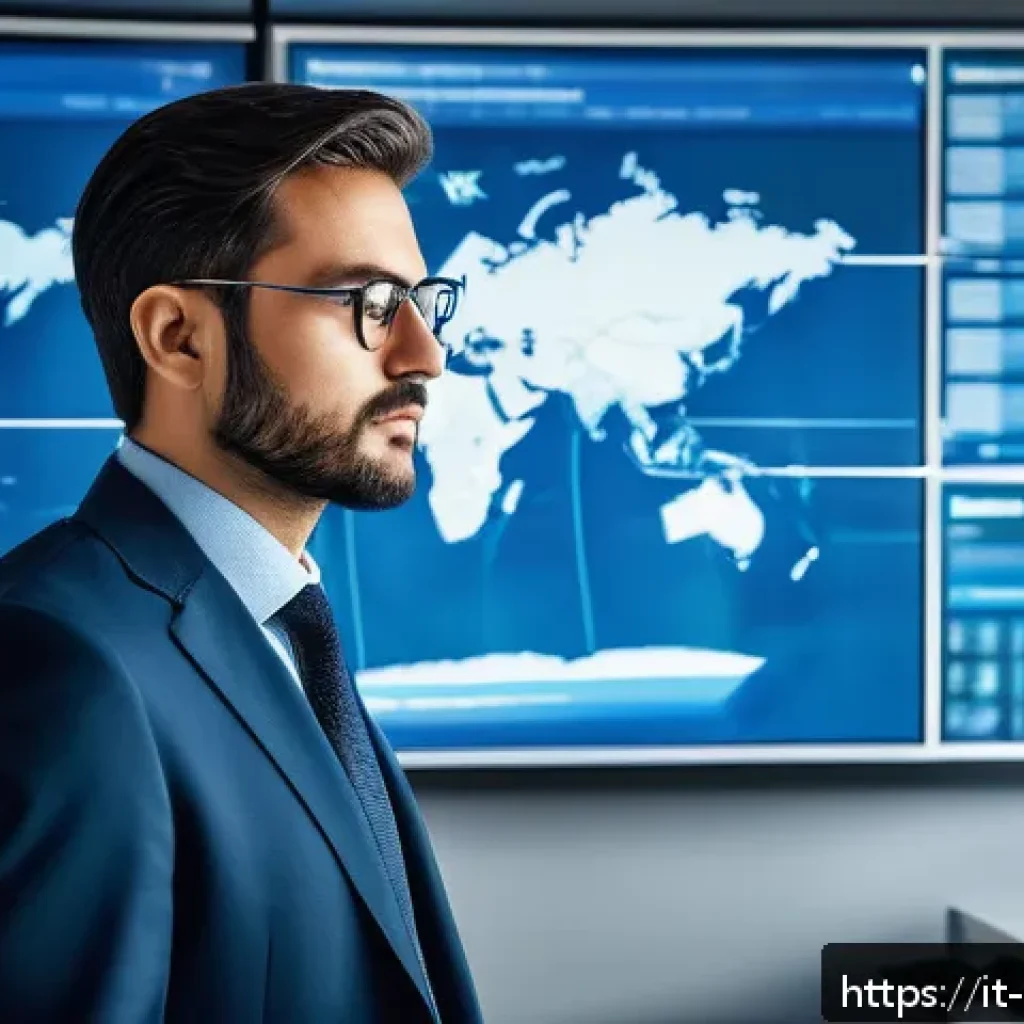 무역업무경력평가 - A professional international trade expert in a modern office setting, surrounded by multiple digital...