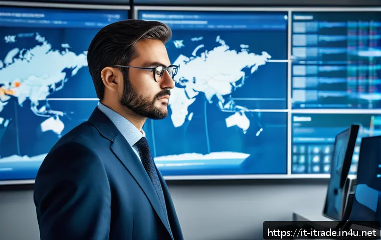 무역업무경력평가 - A professional international trade expert in a modern office setting, surrounded by multiple digital...