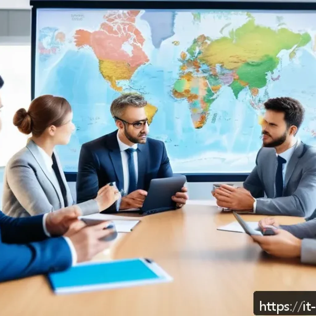 국제무역이론과실무 - A professional international business meeting scene featuring diverse partners from Italy, Japan, an...