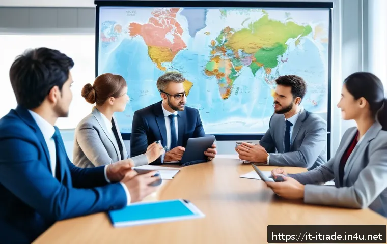 국제무역이론과실무 - A professional international business meeting scene featuring diverse partners from Italy, Japan, an...