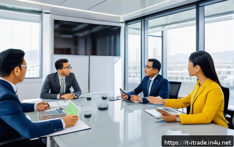 국제무역전문가연구 - A detailed business meeting scene in a modern office setting where diverse professionals from Southe...
