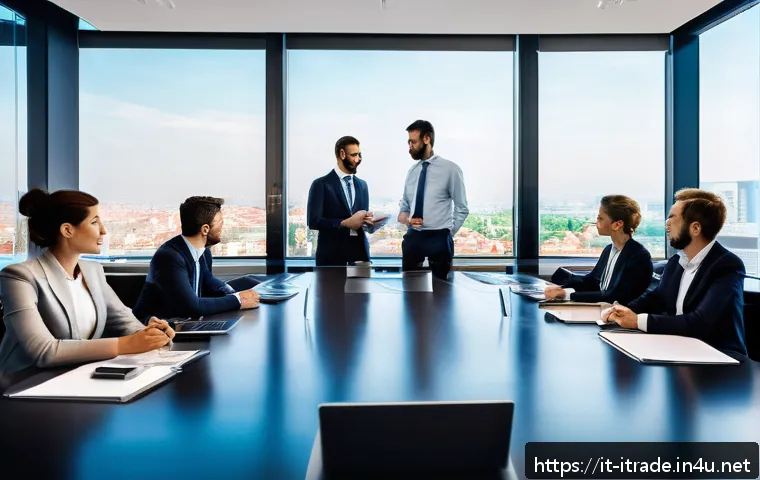 무역사고대응방법 - A modern Italian corporate office environment showing a diverse team of professionals engaged in a s...