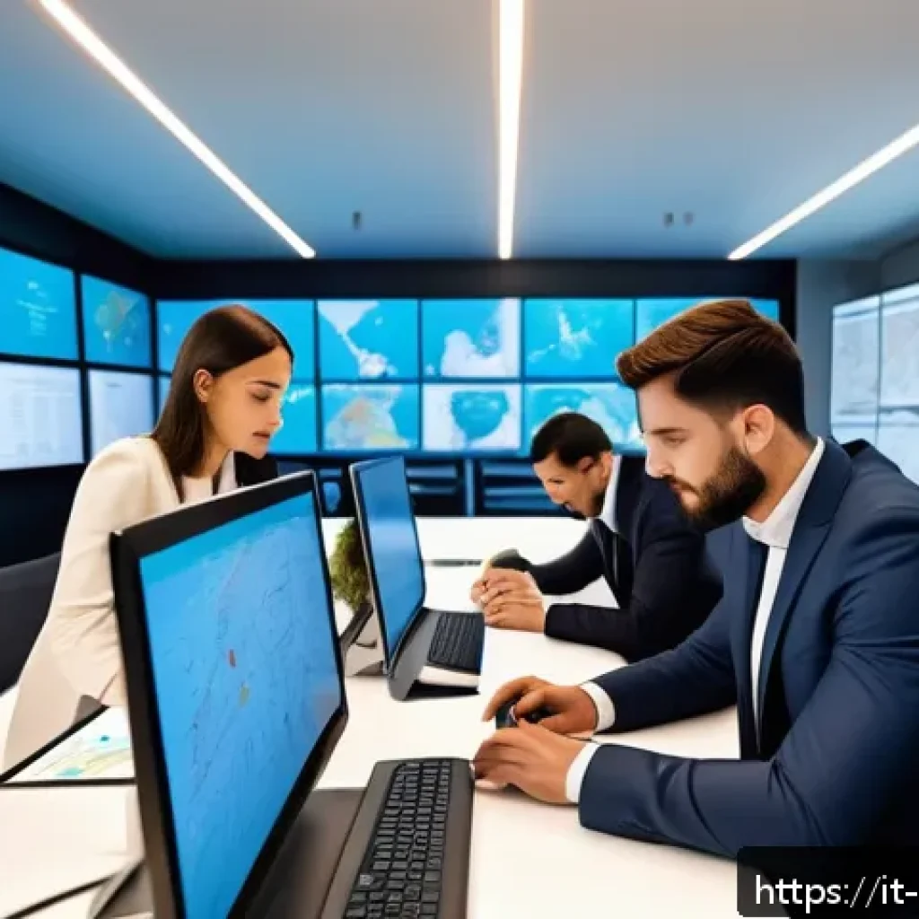 무역업무교육과정 - A modern international trade office scene showing a diverse group of professionals working collabora...
