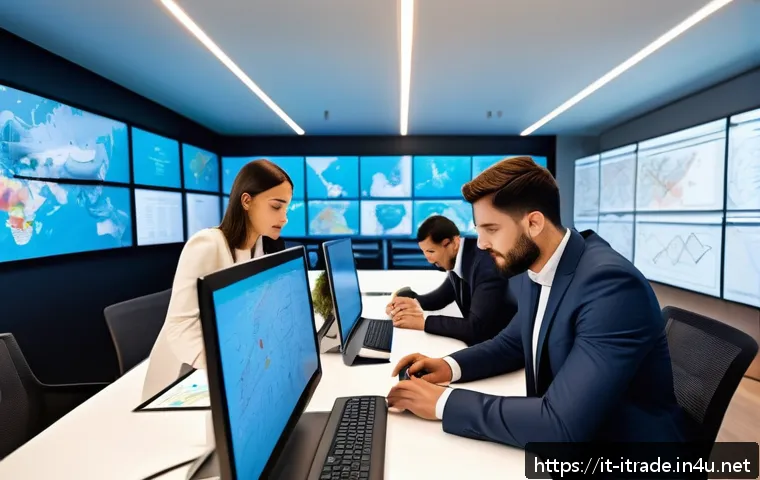 무역업무교육과정 - A modern international trade office scene showing a diverse group of professionals working collabora...