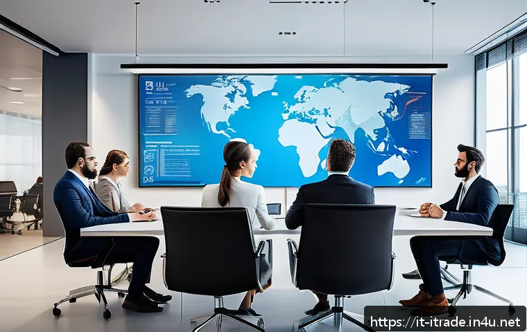 무역업계진로 - A professional international business meeting scene in a modern office, featuring diverse businesspe...