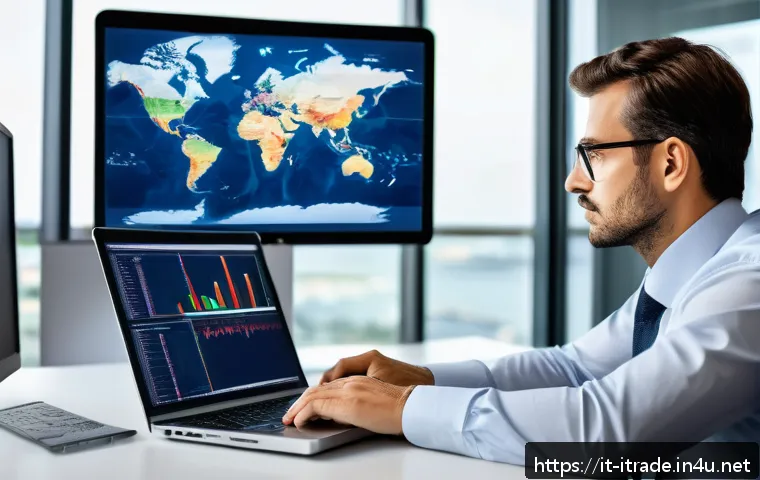무역관련자격증 - A professional international trade specialist in a modern office setting, studying detailed customs ...