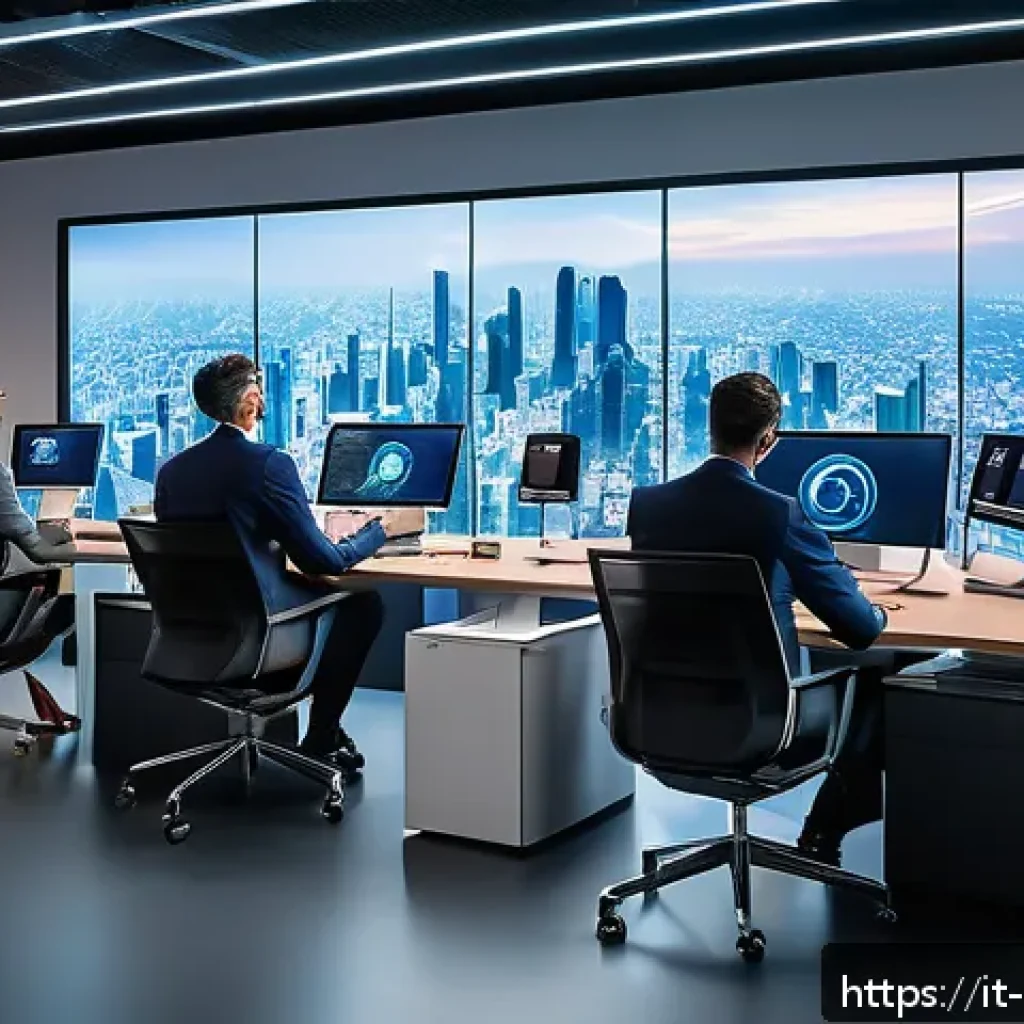 무역이직성공사례 - A modern international business office scene showing diverse professionals collaborating over digita...