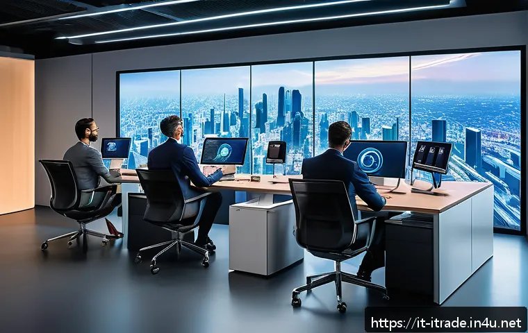 무역이직성공사례 - A modern international business office scene showing diverse professionals collaborating over digita...