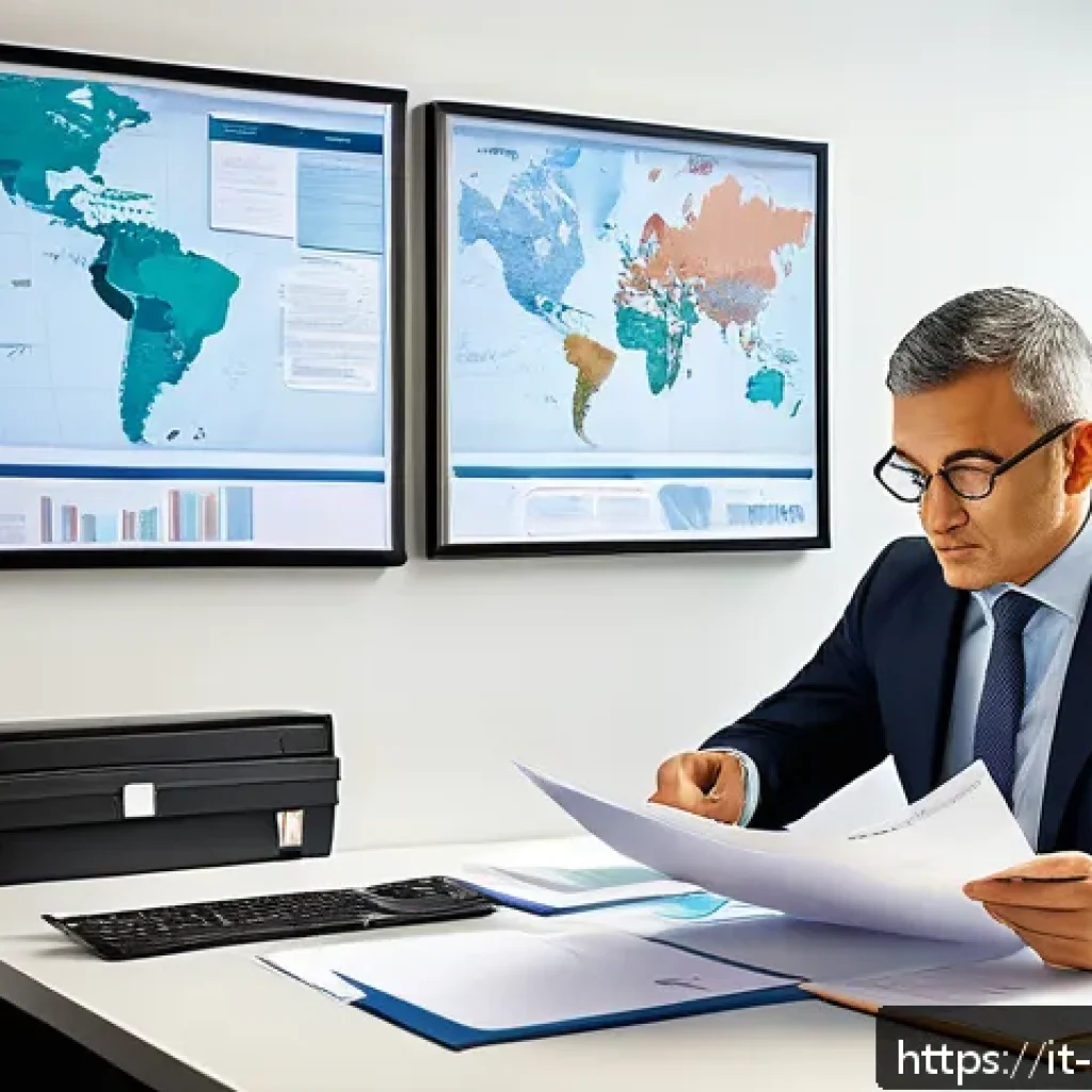 무역업무실무연습 - A detailed professional office scene showing an international trade manager at a modern desk reviewi...