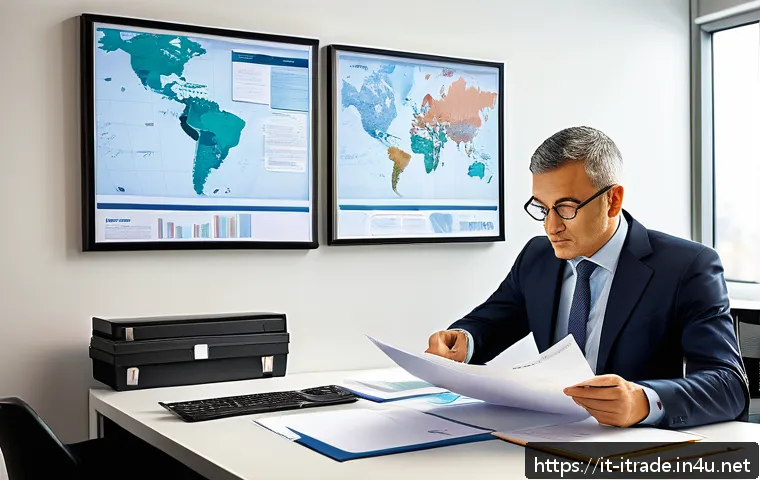 무역업무실무연습 - A detailed professional office scene showing an international trade manager at a modern desk reviewi...
