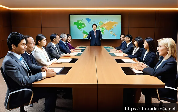 국제무역직무교육 - A sophisticated international business negotiation scene set in a modern conference room with divers...