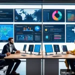 Home 21 국제무역학습자료 - A modern international trade office scene showing diverse professionals collaborating around digital...