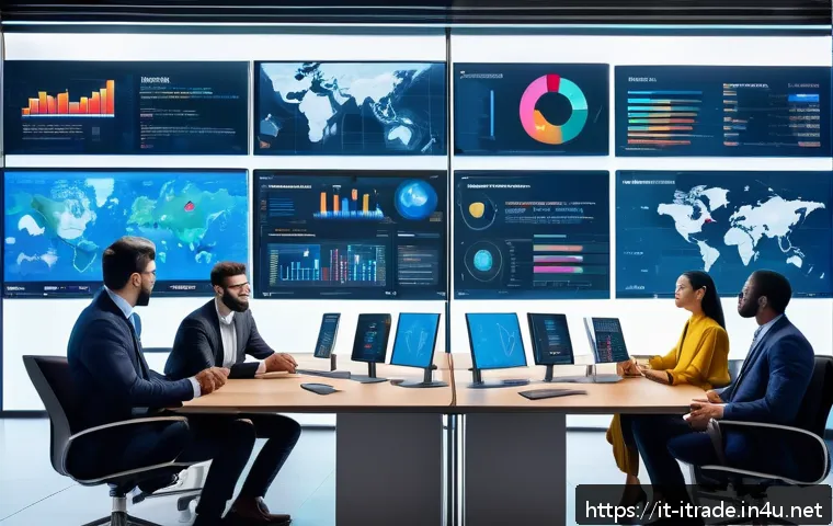 국제무역학습자료 - A modern international trade office scene showing diverse professionals collaborating around digital...