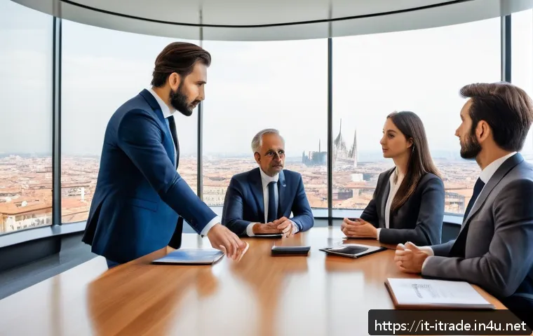 국제무역직무전문성 - A professional international business negotiation scene set in a modern conference room in Milan, It...