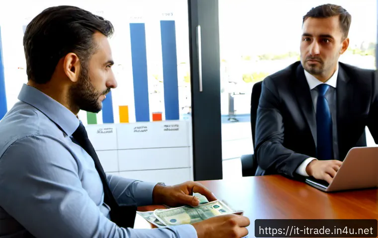 국제무역연봉협상 - Photorealistic international trade salary negotiation in a modern Milan office, confident Italian lo...