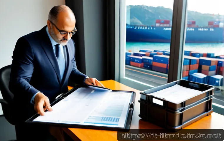 국제무역업무자격 - Photorealistic Italian international trade professional reviewing shipping documents and a blank tab...